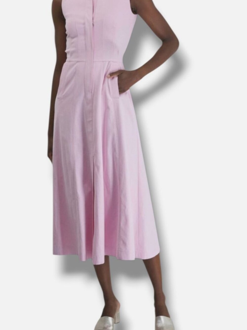 Akris Women's Pink Lotus Sleeveless Cotton Denim Midi Shirt Dress Size 2